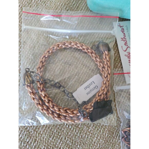 NEW ! VTG CAROLYN POLLACK STERLING SILVER RHODONITE BRASS PENDANT LEATHER BRAID - Picture 3 of 8